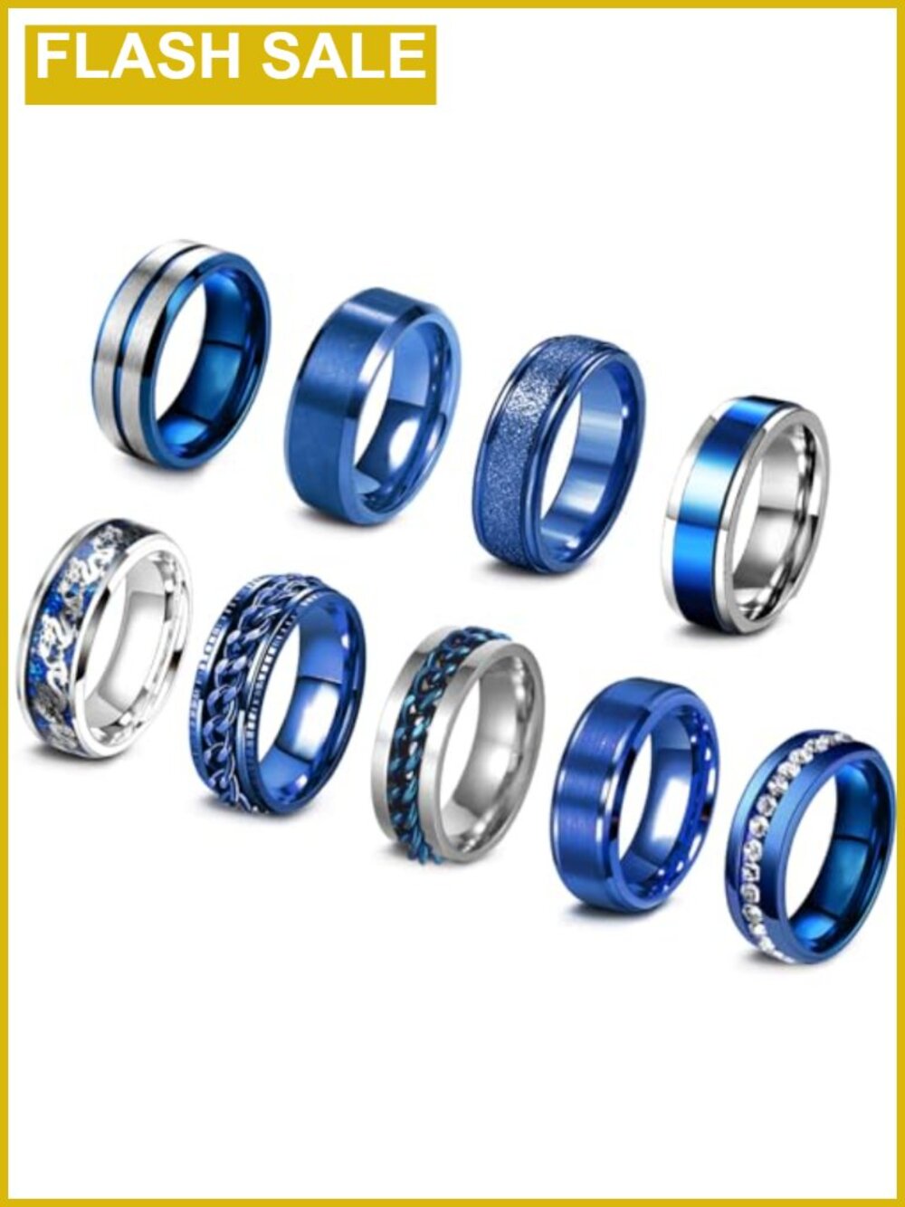 EIELO 9Pc Stainless Steel Band Rings Men Women Fidget Spinner Chain Ring Set